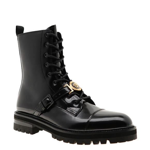 Versace Medusa Combat Boot Black Brushed Leather Size 43 / 10 US New - Picture 1 of 10